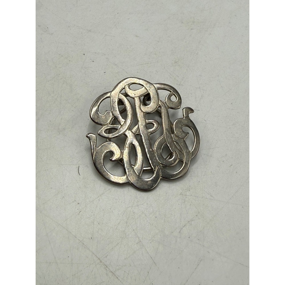 Vintage Silver Tone Monogram Script Scarf Clip Filigree Round Brooch Accessory